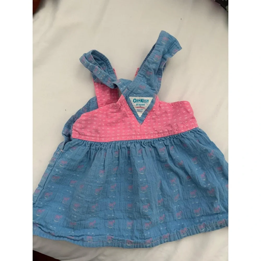 OshKosh B'gosh Pinafore Dress Vintage Cottagecore Blue Pink Bow 18M